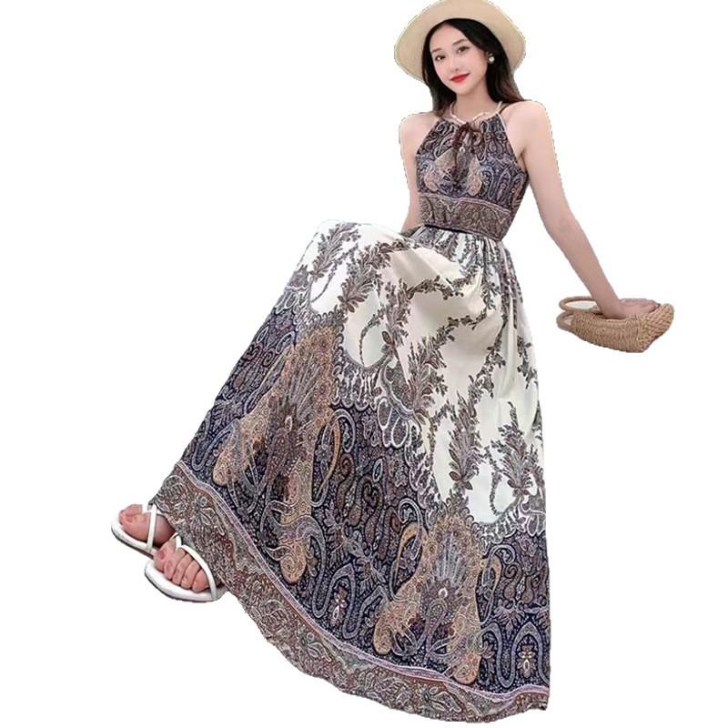 Beach dress cotton and silk printed suspender dress Hawaiian wind island Yunnan travel vacation dress artificial cotton fresh