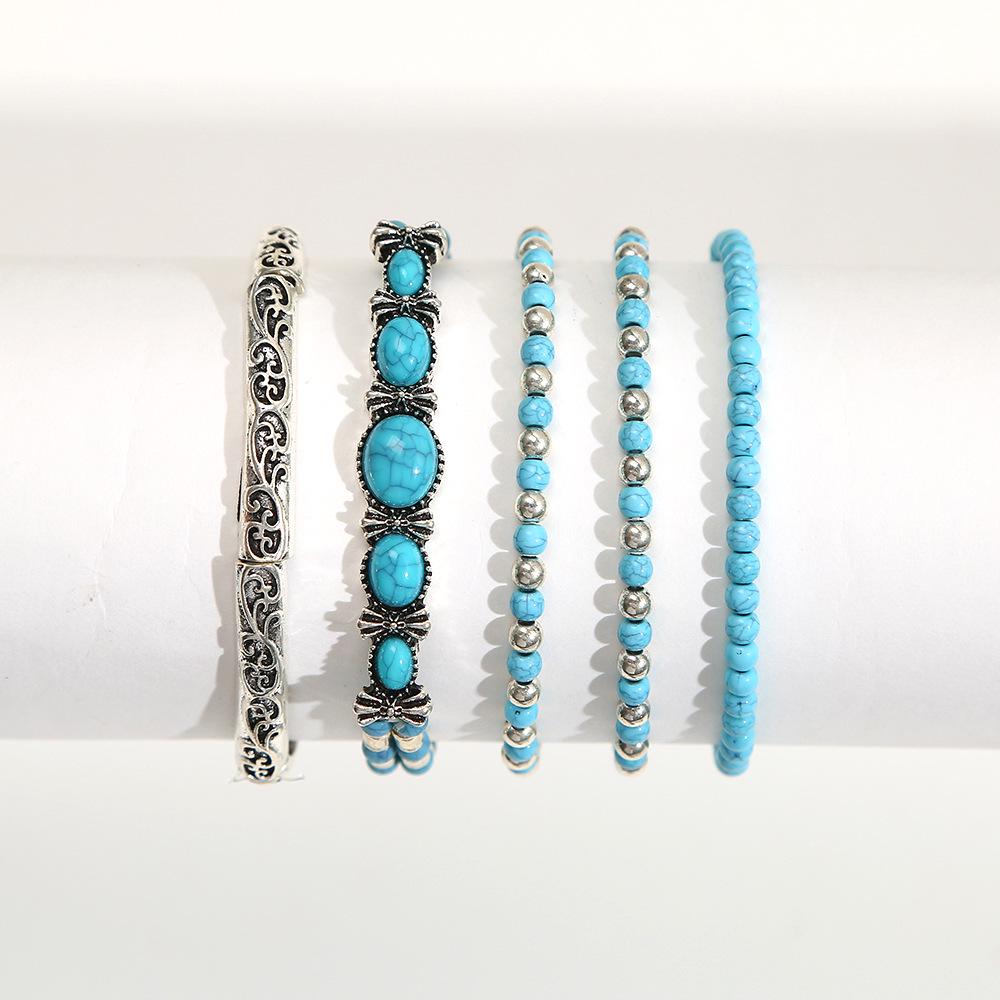 Bohemian Beaded Bow Knot & Turquoise Bracelet Set - 5 Pieces