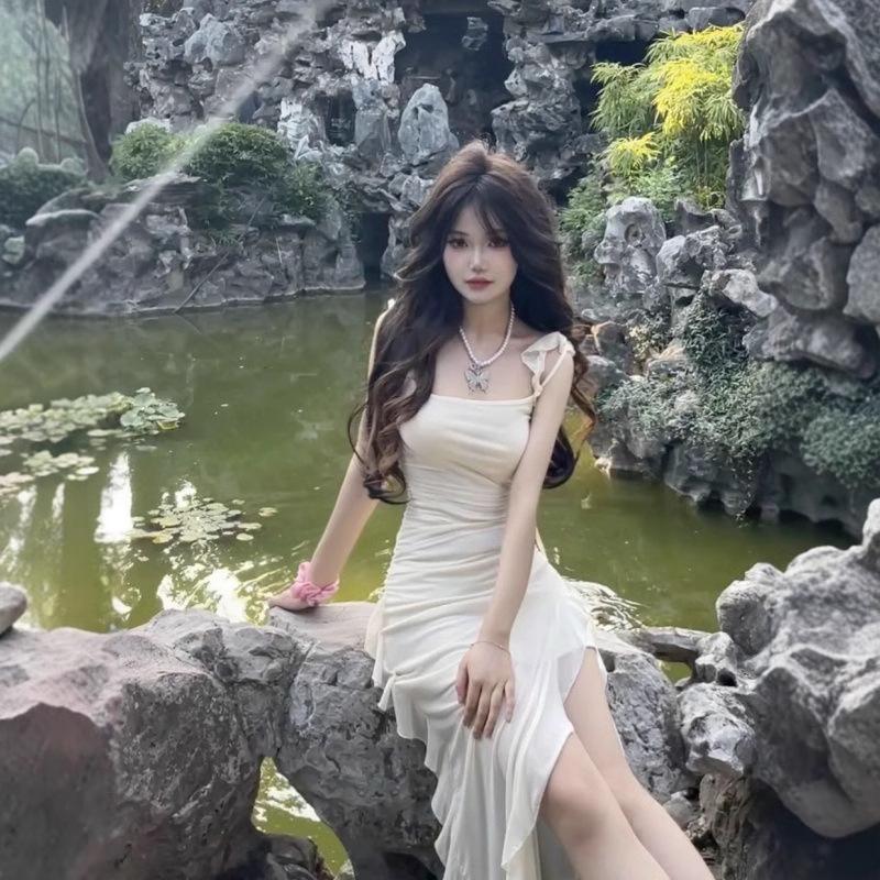 Sweet & Spicy Cap Sleeve Slit Dress: Women's Summer Waist-Cinching Irregular Mesh Long Dress