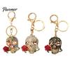 Gothic Skull Keychain Holding Rose Rhinestone for Halloween, Skeleton Bling Head Key Ring, Chain Accessory Handbags Backpacks