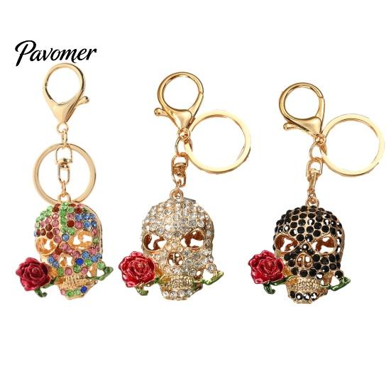 Gothic Skull Keychain Holding Rose Rhinestone for Halloween, Skeleton Bling Head Key Ring, Chain Accessory Handbags Backpacks