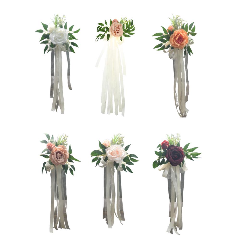 6 Stück elegante weiße künstliche Blumenstuhldekorationen, Bänke, Kirchenbänke, Blumen mit Bändern für Hochzeitsgang, Party-Versorgung