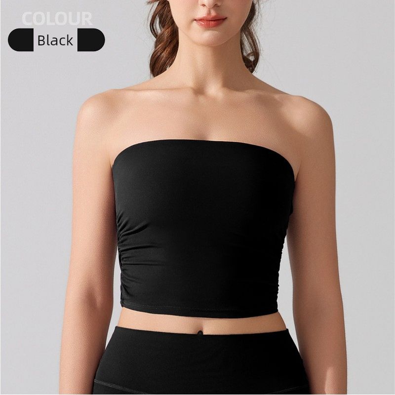 

Export Nude Feel Chest-Wrapped Sleeveless Vest Ruched Bandeau Slim-Fit Tops Anti-off Bra Running Sports Workout Underwear Black L