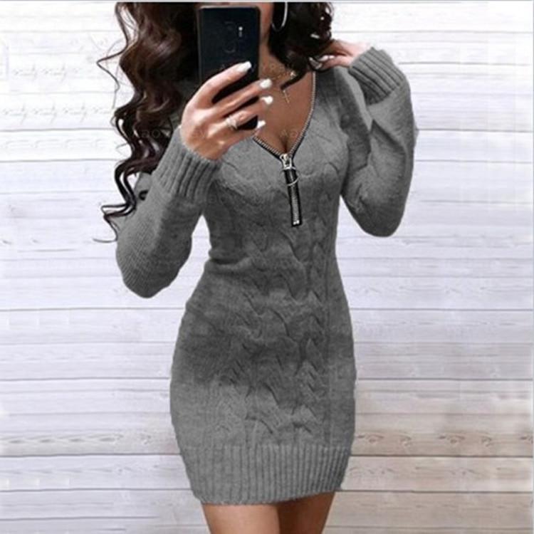 New Women's V-neck Zipper Knit Cardigan Sweater Dress