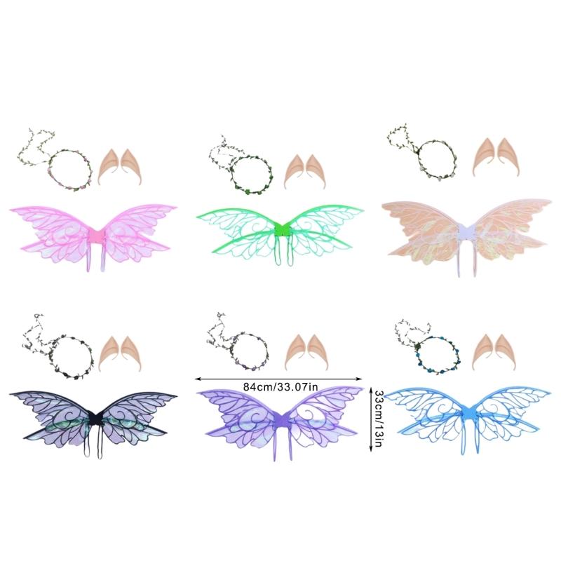 Girls Butterfly Wing Elf Wing with Elf Ears Flower Wreath Halloween Costume Accessories for Girl Christmas Wedding