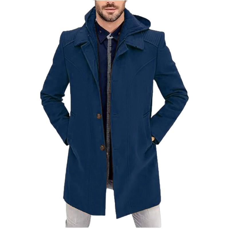 Mens Hooded Wool Blend Coat Slim Fit Solid Color Thick Winter Outerwear Young Men