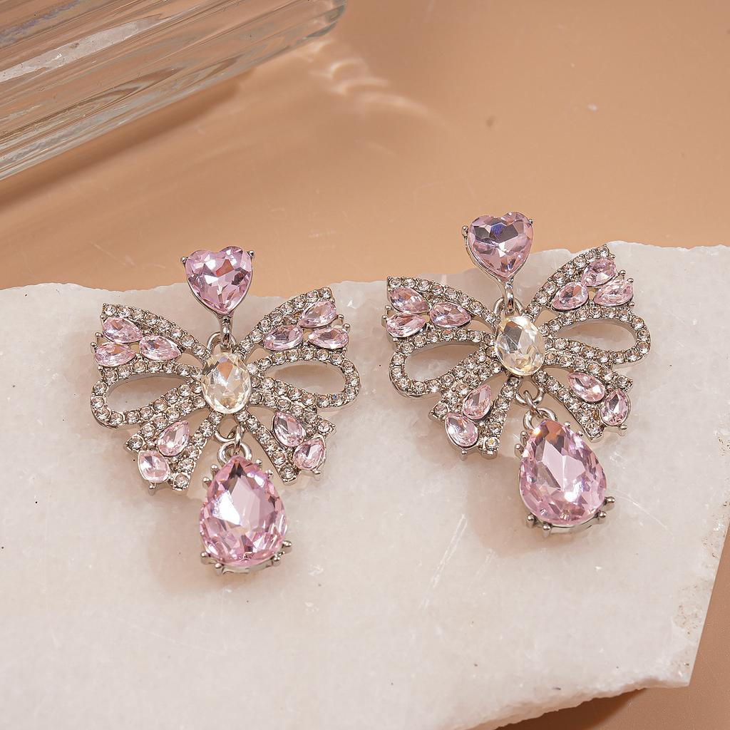 Eingelegter Strass Schleife Wassertropfen Fransen Ohrring für Damen Leichter Luxus High-End Hängeohrringe Süße Mode Zirkon Großhandel