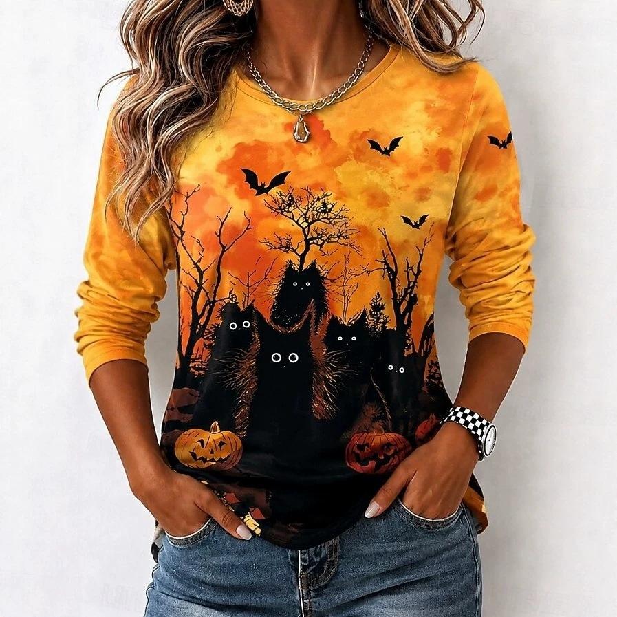 Damen Halloween Hexe 3D-Druck Rundhals Langarm T-Shirt für Herbst und Winter