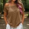 Women Casual Off Shoulder Sheer Short Sleeve T Shirt Loose Fit Lightweight Summer Top with Relaxed Silhouette