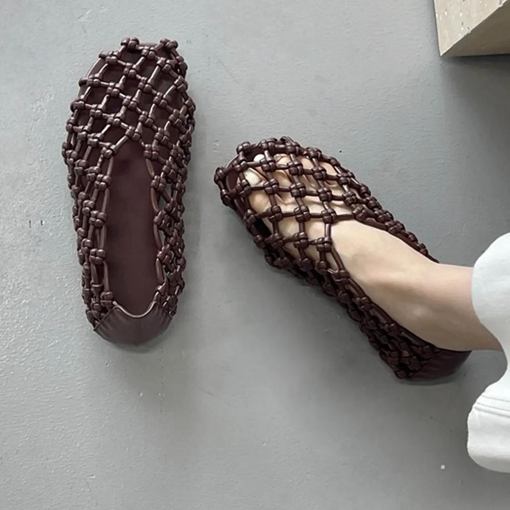 Fashion Summer Weaving Hollow Out Flat Heels Women Shoes Elegant Comfortable Casual Dress Mules Sandals