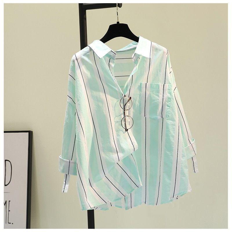 Loose Striped Cotton Button-Up Shirt for Women with Long Sleeves for Summer