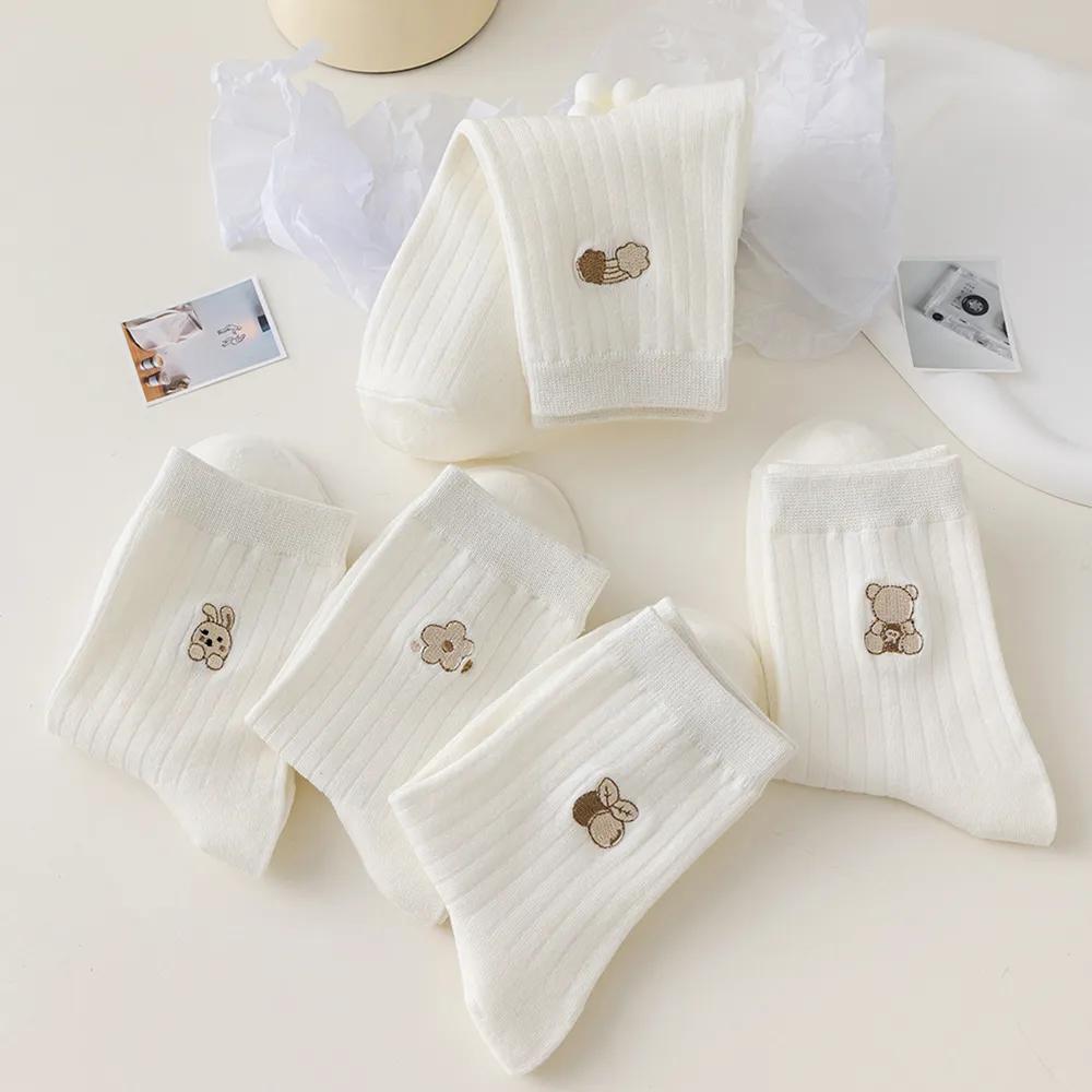 5/10 Pairs Women Round Neck Socks High Quality Autumn Winter Cute Cartoon Breathable Fashion Socks Women Soft Medium Tube Aocks