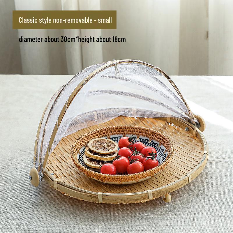 Bamboo Woven Insect-Proof Drying Basket with Mesh Cover for Food, Sieve, and Steamed Buns