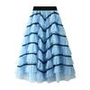 Women Skirt High Waist A-line Big Swing Ruffle Contrast Color Scattered Hem Pleated Patchwork Princess Style Elastic Waist Ankle Length Maxi Skirt