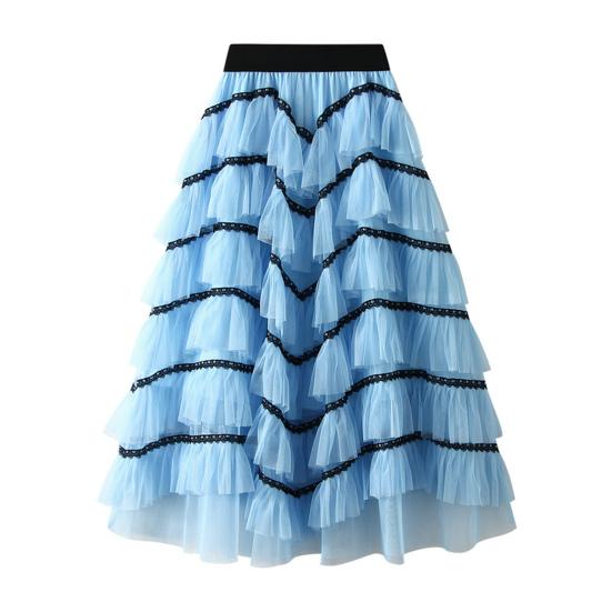 Women Skirt High Waist A-line Big Swing Ruffle Contrast Color Scattered Hem Pleated Patchwork Princess Style Elastic Waist Ankle Length Maxi Skirt