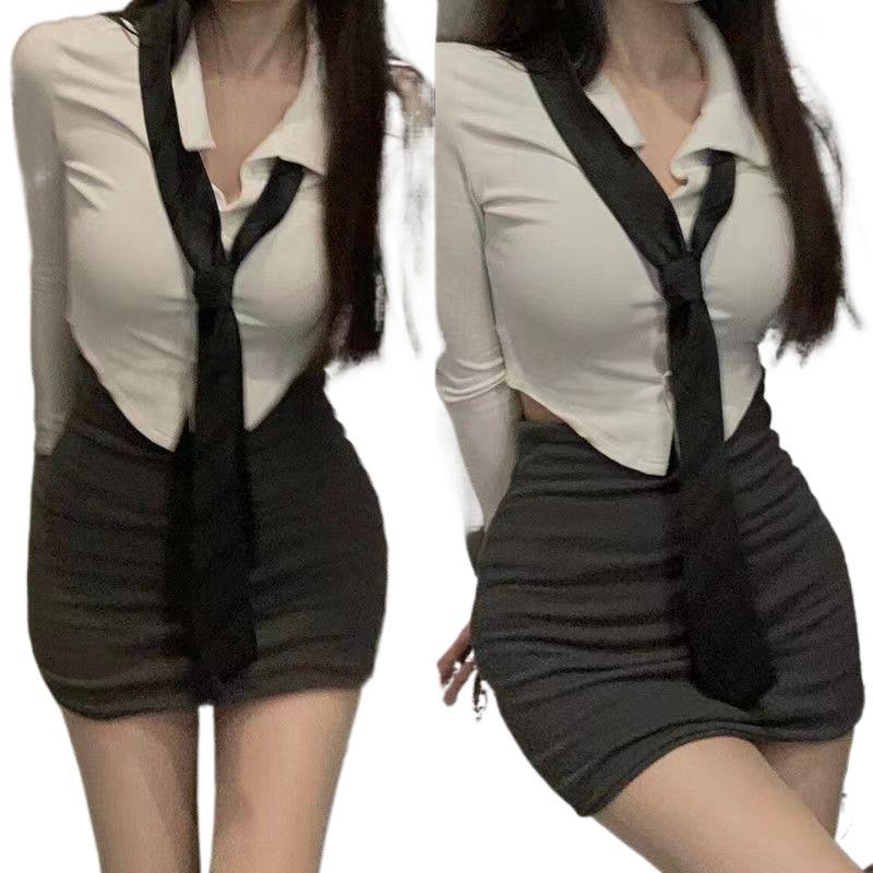 Women's Autumn Slim Fit White Shirt & Hip Skirt Set - Long Sleeve, Pure Desire