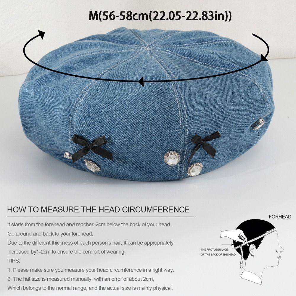 Washed Denim Women Beret Hats Rhinestone Embellished Painter Cap  Spring Autumn Season