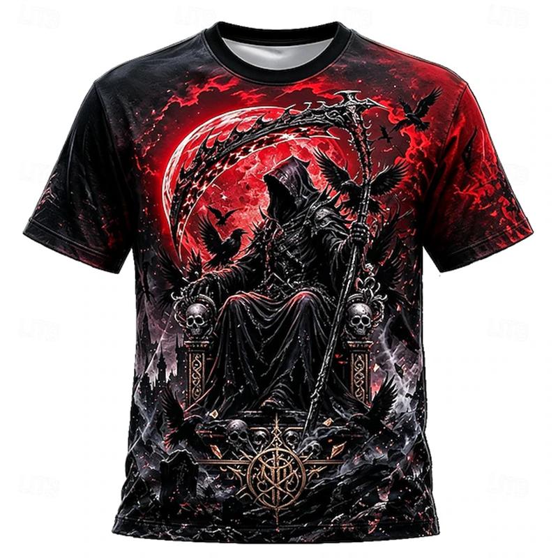 New Men's Halloween Crew-Neck Short-Sleeve T-Shirt Grim Reaper Scythe and Skeleton Print Crew-Neck Short-Sleeve Men's Top