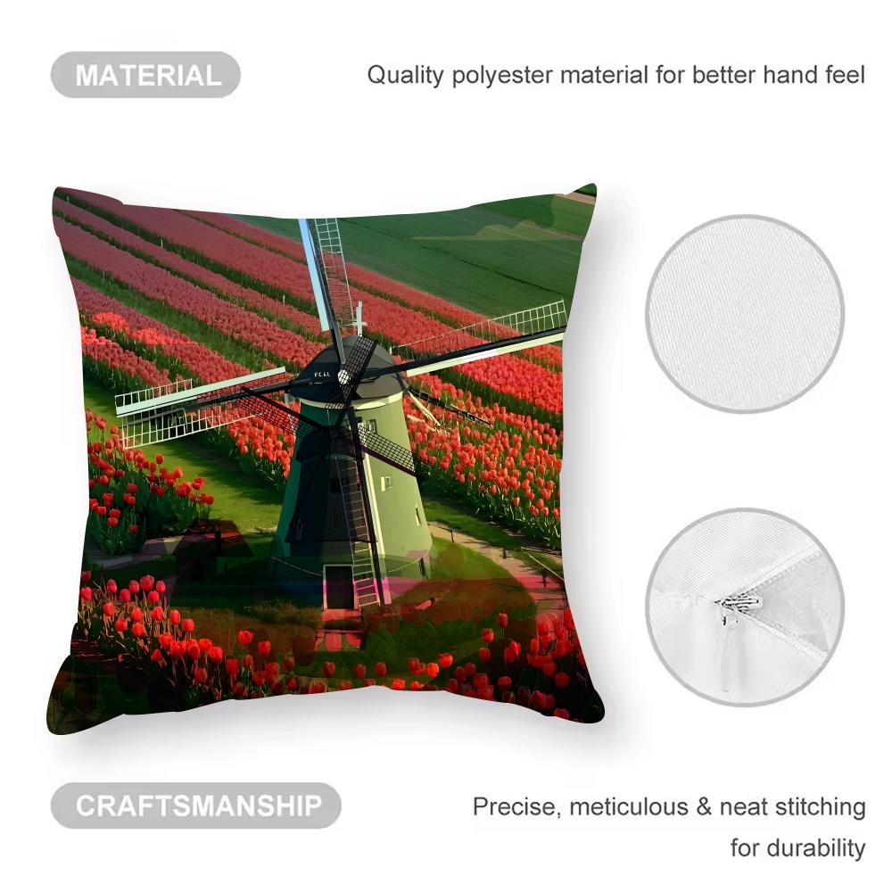 Dutch Windmills & Tulips Cushion Cover Anti-dustmite Pillowcase Invisible Zipper Silky Short Plush Sofa Cushion Cover