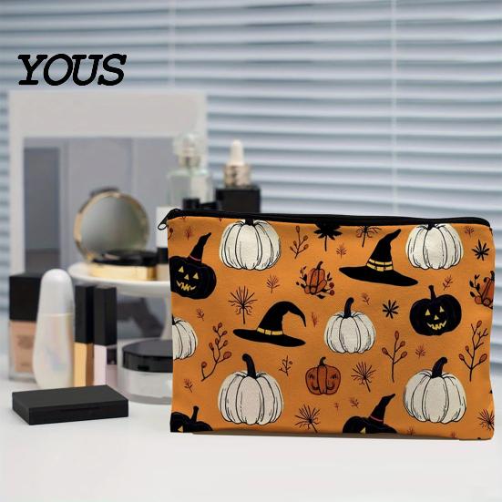 Themed Cosmetic Travel Bag Storage Bag, with Halloween Pumpkin Ghost Print, Smooth Festive Desktop Zipper Canvas Makeup for Organizer