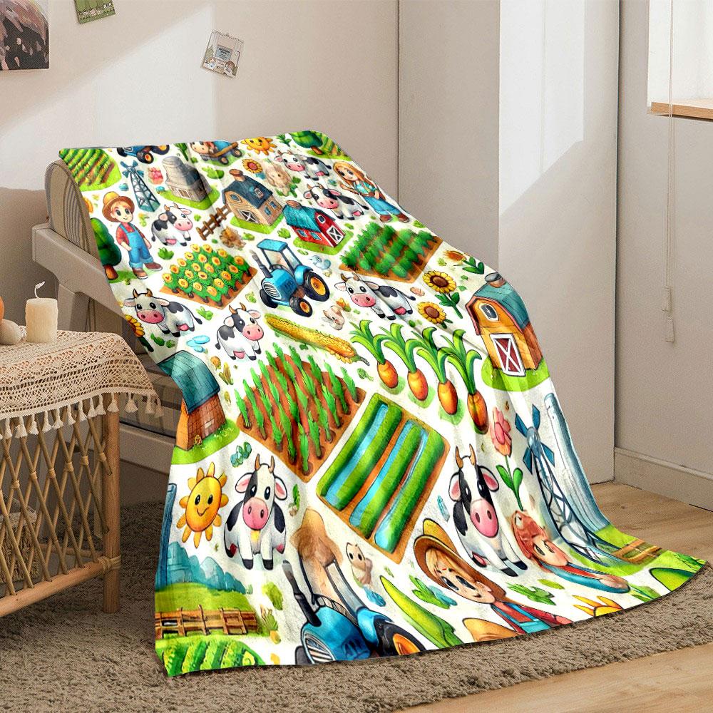 Adorable Farm Themed Blanket with Cows Tractors and Crops Blanket for Livingroom Couch Lunch Break Soft Throw for Friend's Festival Gift