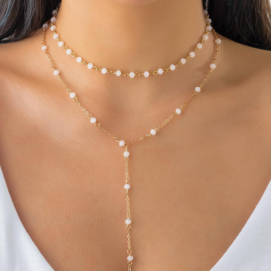 Accessories, Temperament Business Double-layer Necklace, Simple Imitation Crystal Handmade Chain Fringed Necklace Women