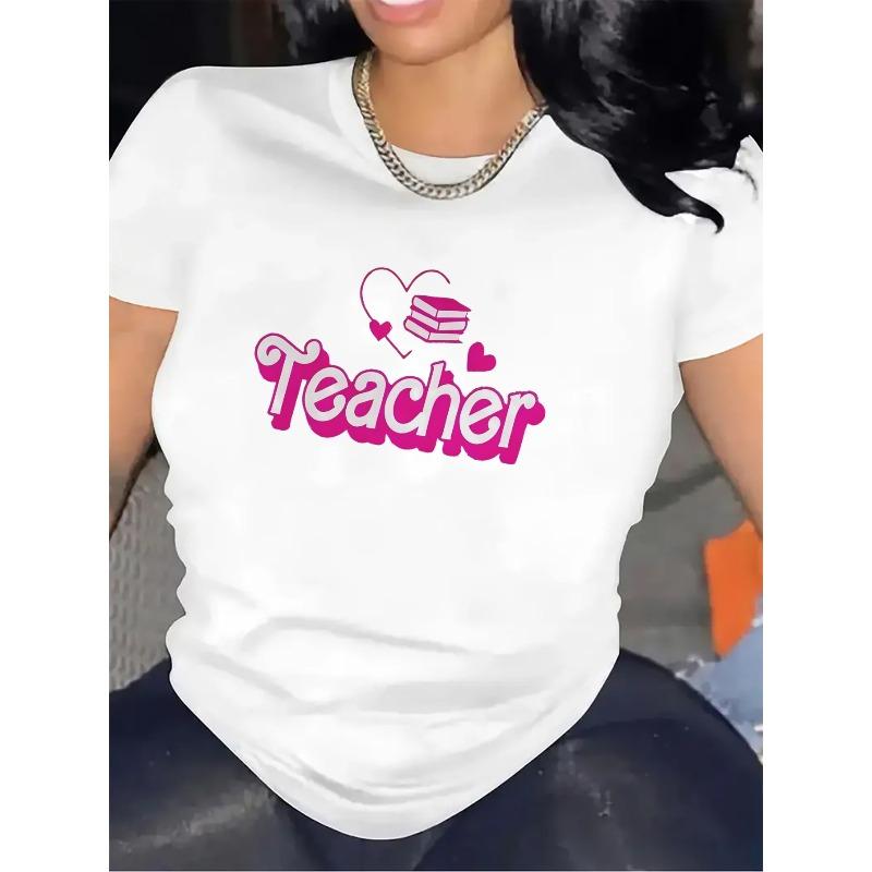 European Size Womens Black Polyester T Shirt Pink Heart Book Teacher Print Round Neck Durable Comfortable Fit Casual Daily Wear Top