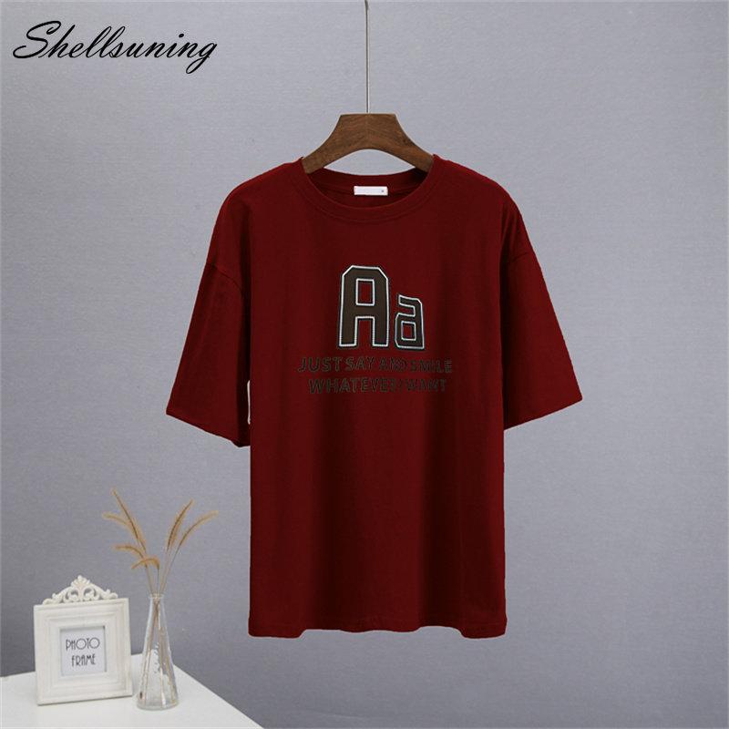 Bavlněná trička Shellsuning Oversized Dámské Léto S krátkým rukávem Trička s 3D potiskem dopisů Dámské Běžné Volné High Street Basic Tops