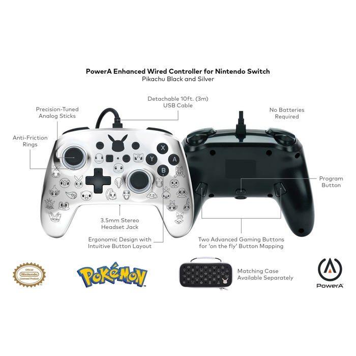 Manette de jeu - PowerA - Pikachu Noir/Argent - Filaire - Câble USB 3m - Prise audio 3,5mm