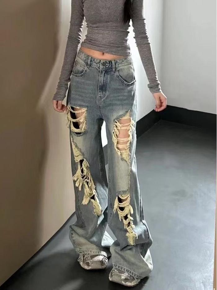 Women's Summer Retro High-Waist Ripped Jeans - Loose Straight-Leg Slimming Pants