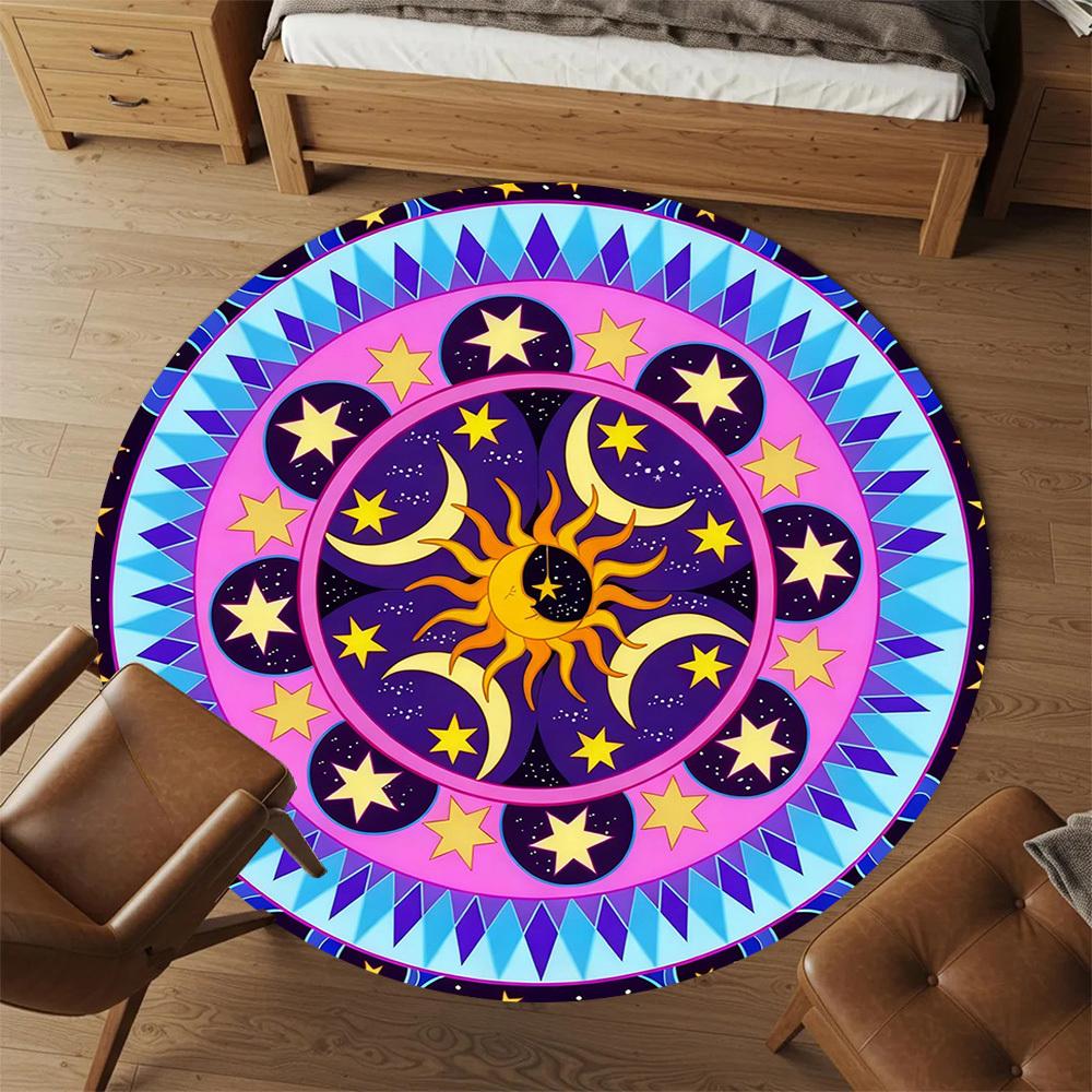 1pc Sun Moon Stars Round Chair mat office Area Rug - Non-Slip, Floor Mat for Office, Bedroom, Ideal home decor gift p0105030