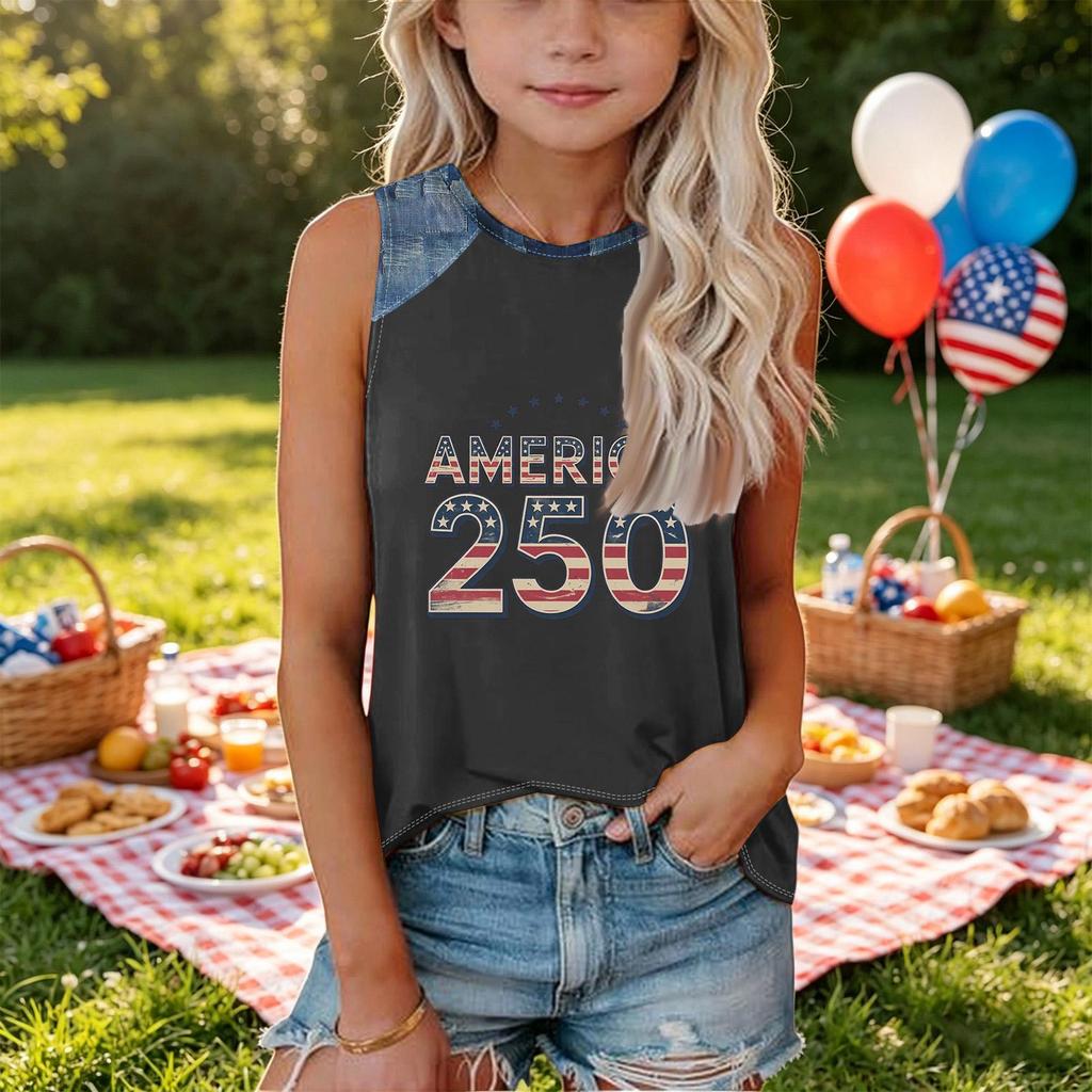 Girls Sleeveless Loose Fit Tank Top Independence Day Print Denim Patchwork Round Neck T Shirt Summer Casual Tee