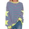 Women's Fashion Striped Star Print Round Neck Long Sleeved Pullover Color Blocked Pullover Sweatshirt Top