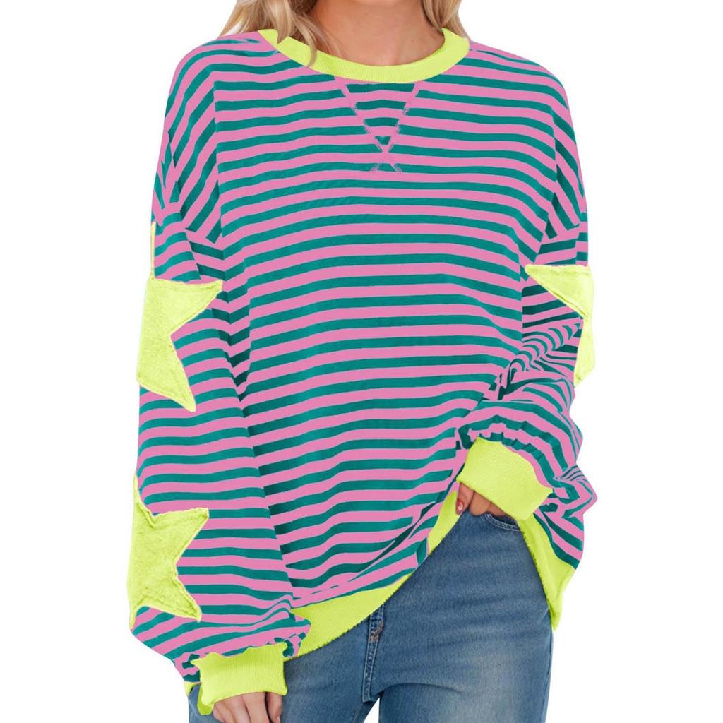 Women's Fashion Striped Star Print Round Neck Long Sleeved Pullover Color Blocked Pullover Sweatshirt Top