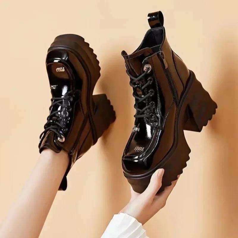 Jesienne Damskie Buty na Platformie Sznurowane Kwadratowy Nosek Gruby Obcas Damskie Botki do Kostki Outdoorowe Buty na Wysokim Obcasie Motocyklowe Buty dla Kobiet