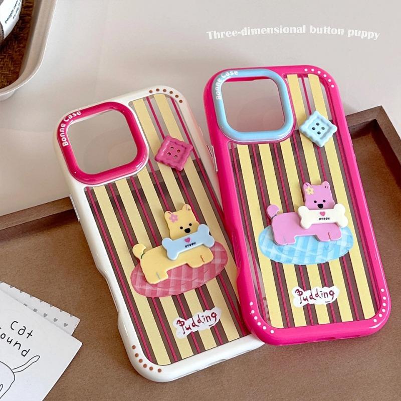 Korean Striped 3D Cartoon Puppy Button Phone Case For iPhone 17 16 15 14 13 12 11 Pro Max XS X XR Acrylic Shockproof Hard Cover