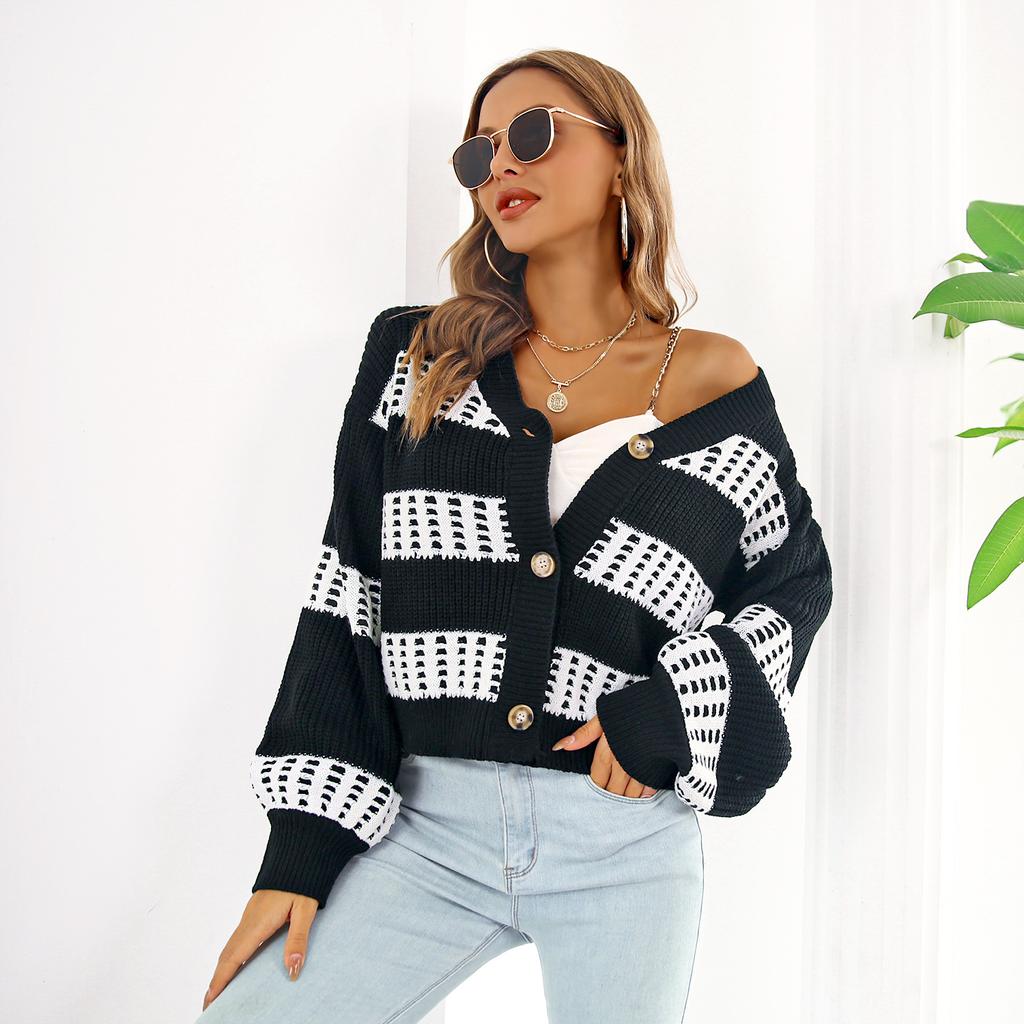 Women S V Neck Lantern Sleeve Contrast Color Short Cardigan Sweater Coat
