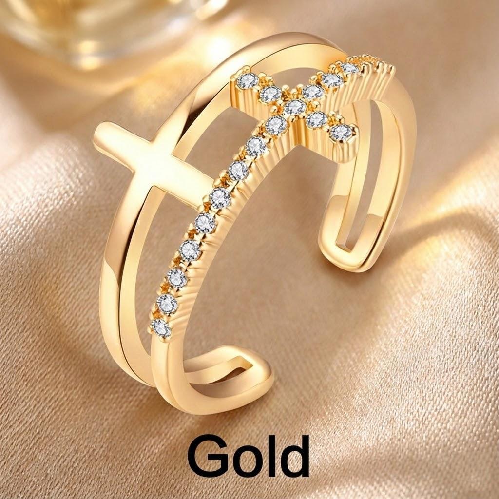 Rose Gold Cross Ring Adjustable Expandable Open Ring Women Faith Jewelry Double Cross Design Fashion Accessory