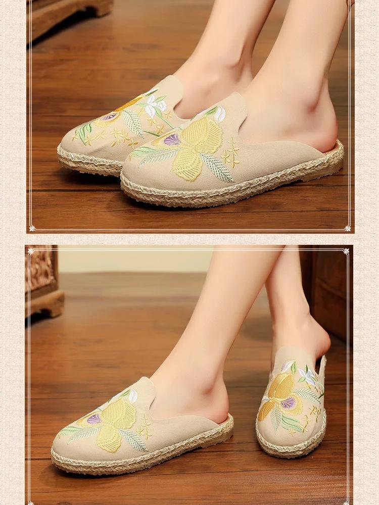 Plátěné Boty Květinové Nové Letní Venku Vyšívat Ploché S diapozitivy Totem Pantofle Dámské Sandály