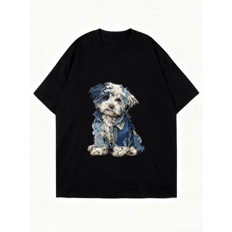 Oversized T Shirt Black Dog Print Casual Wear for Women Streetwear Fashion Loose Fit Top Summer Outfit