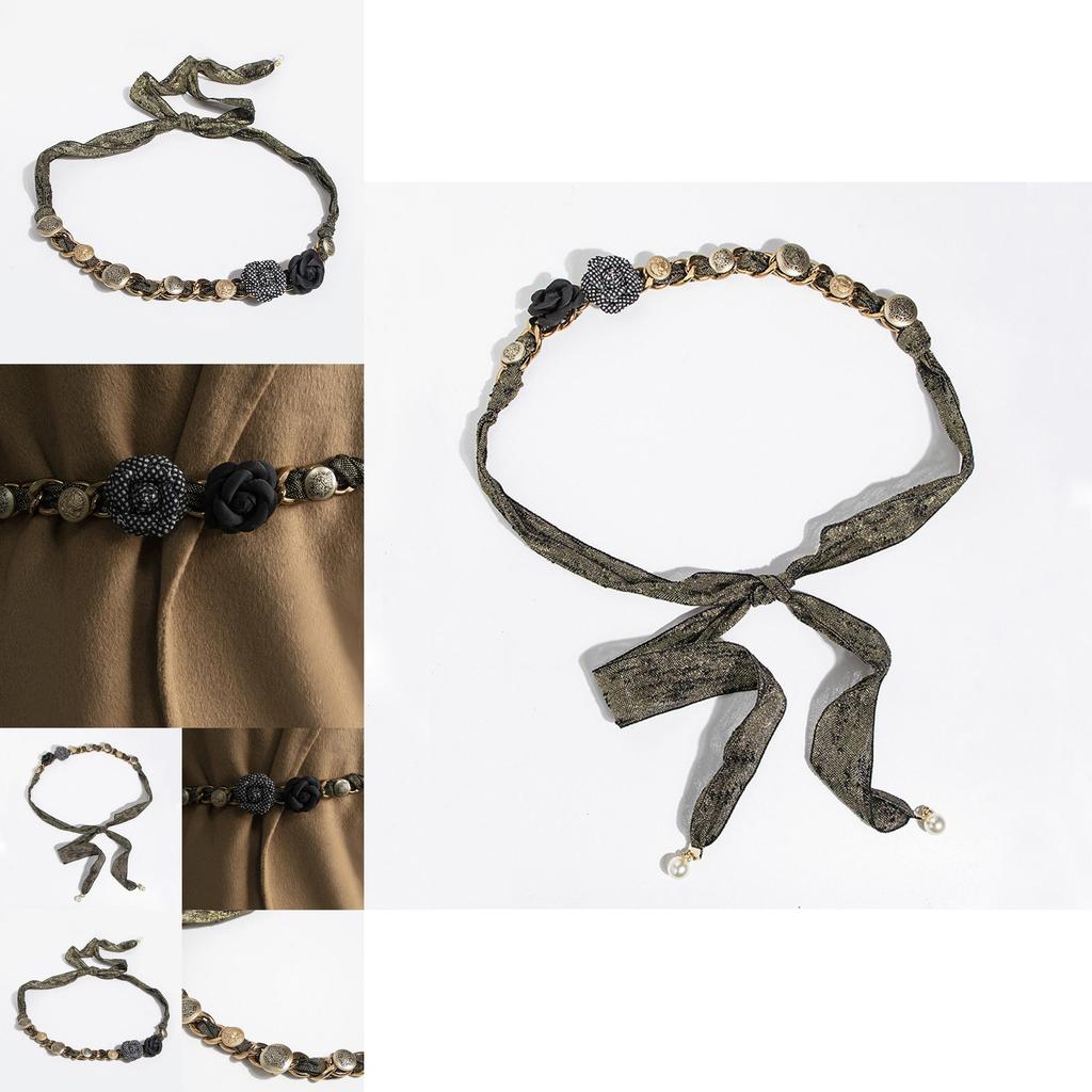 Ethnic Style Womens Silk Belt With Rose Flower Vintage Button Chain For Summer Fashion