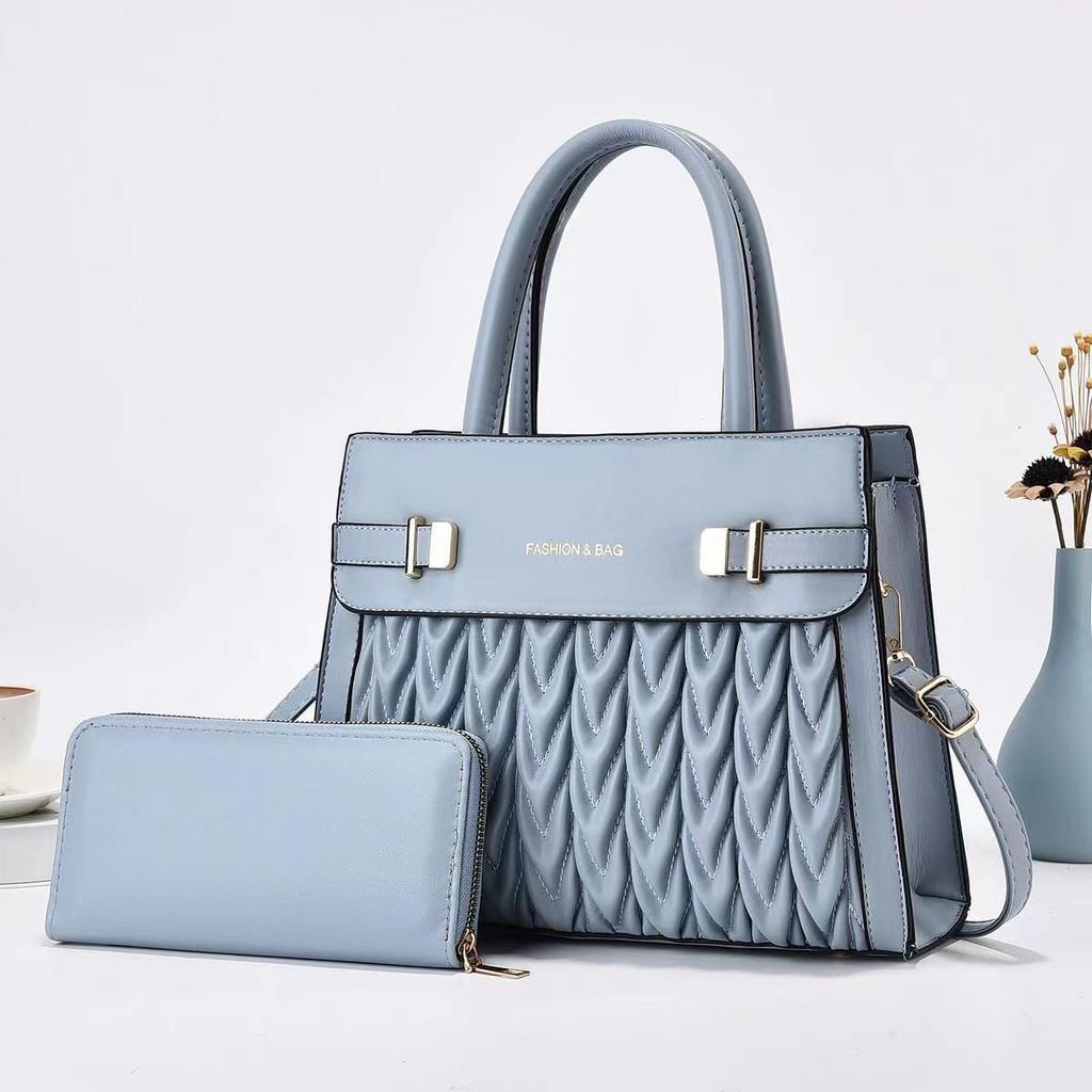 Fashionable Solid Color Letter Print Pleated Design Handbag With Wallet For Women