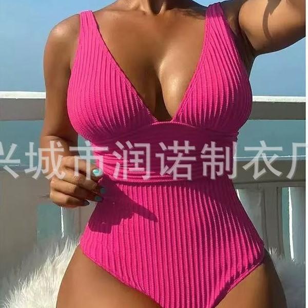 New year's new one-piece solid color vertical strip fabric sexy slim and thin swimsuit