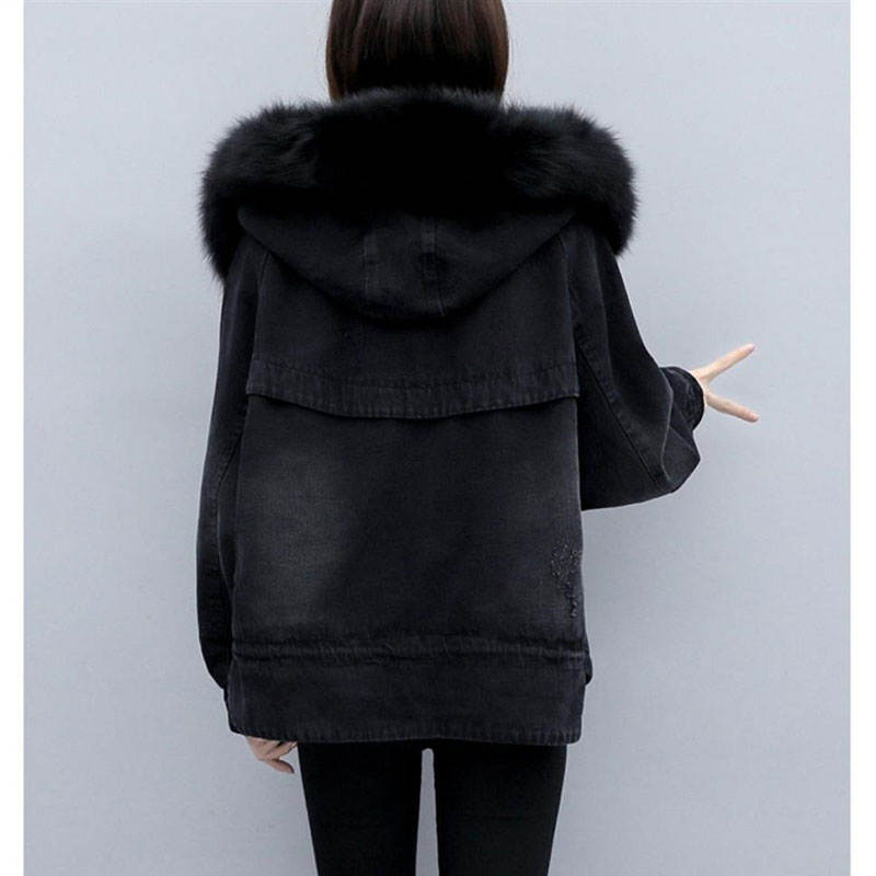Damen Herbst Winter Verdickende Plüsch Warme Jeansjacke Schwarz Cowboy Übermantel Weiblich Locker Jeans