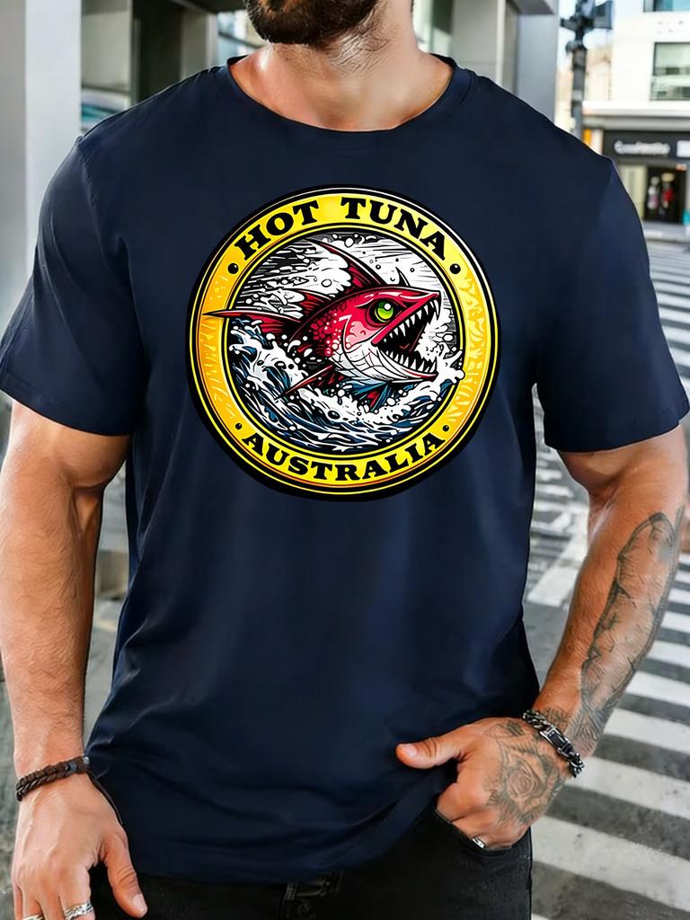 Unisex Retro Hot Tuna Australia Fish Badge Graphic Cotton Short Sleeve Tee Crew Neck Soft Male Summer Casual Breathable Street Top