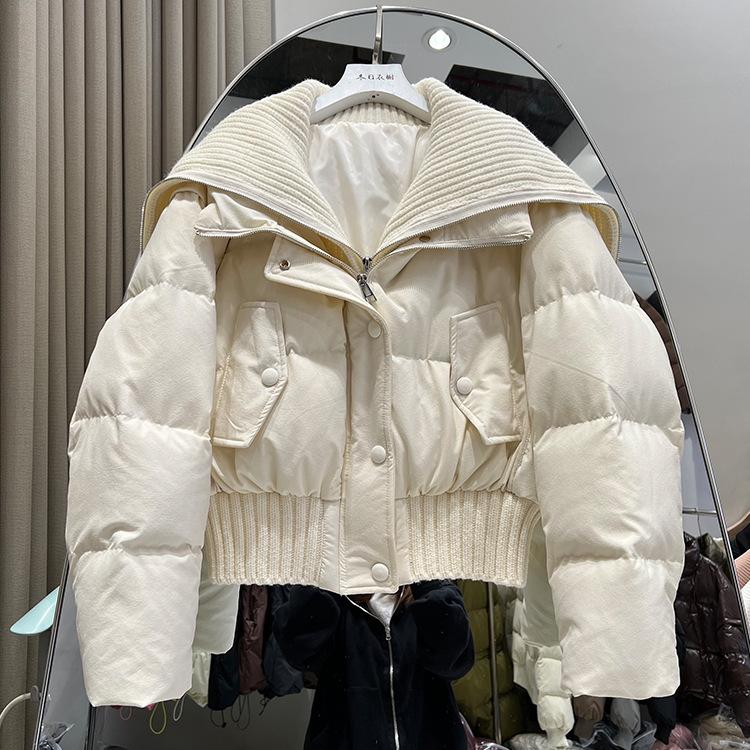 Knitted large lapel neck high waist short down jacket women's thickened bread jacket foreign style sweet white duck down jacket tide
