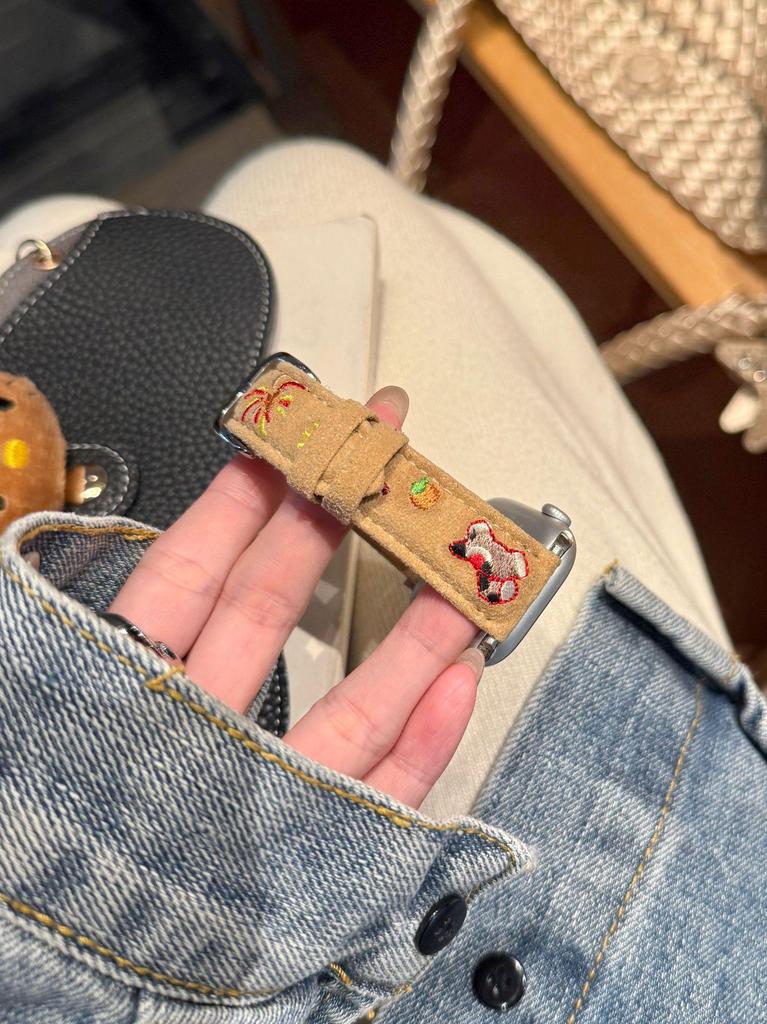 New Year Small Horse Embroidery Velvet Leather Strap for Apple Watch Series 11 10/9/8 Ultra SE