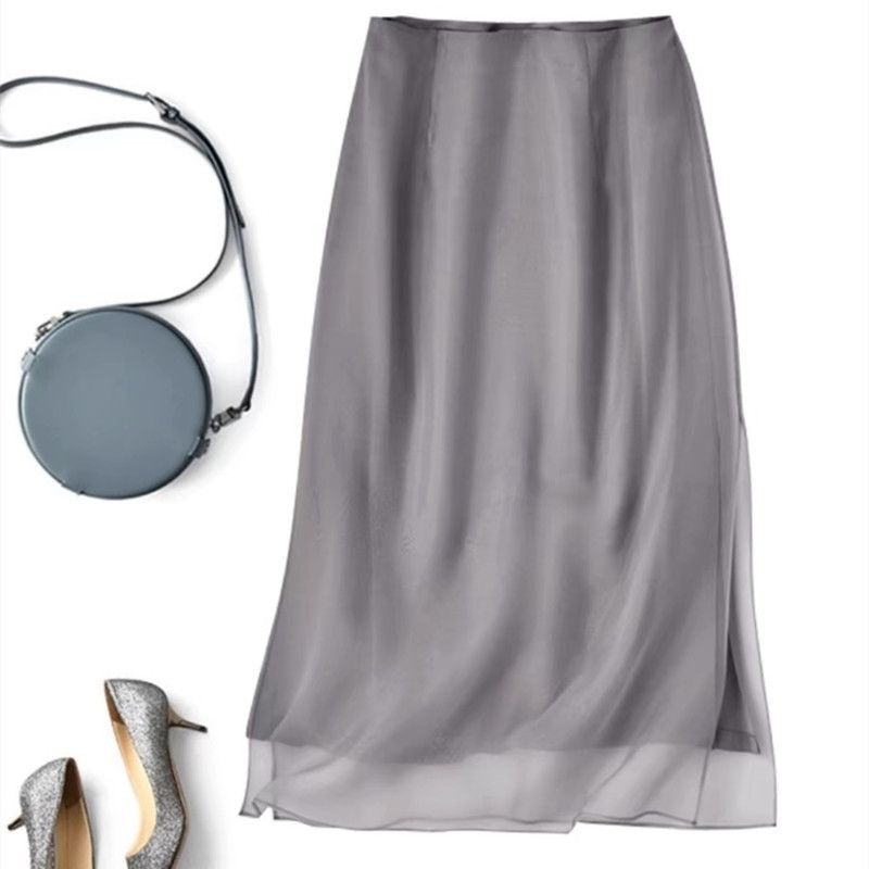 Elegant Summer Skirt Women High Waist A Line Skirt Solid Color Slimming Fashion Middle Skirt S серый