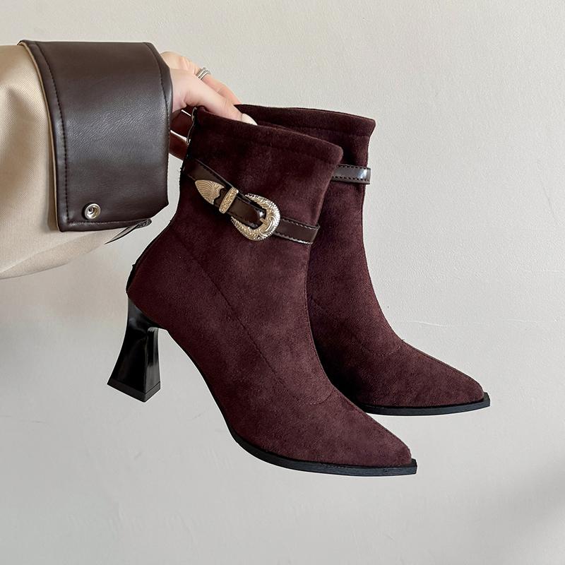 Fashion French Block Heel Booties Women 2025 New Fall Winter Skinny Boots Pointed Toe Retro High Heel