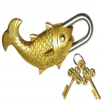 Handmade Brass Artistic Padlock with Lock 2 Keys Fish Pad Lock Multi